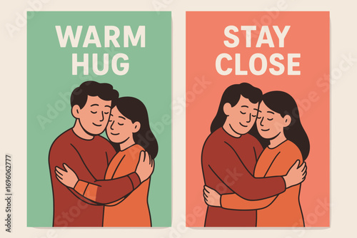 Two vertical A6 banners flat vector design mint and coral backgrounds couple hugging romantic theme first banner with text Warm Hug second banner with text Stay Close text clear readable.