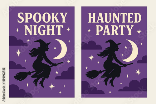 Two vertical A6 banners flat vector design purple background with flying witches on broomsticks crescent moon spooky clouds decorative stars first banner with text Spooky Night second.