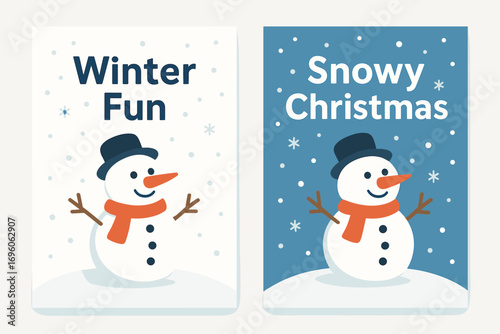 Two vertical A6 banners flat vector design white and blue backgrounds snowman with carrot nose and scarf falling snowflakes first banner with text Winter Fun second banner with text Snowy.