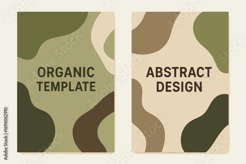 Two vertical A6 banners flat vector design olive green and beige backgrounds abstract organic shapes overlapping modern minimal first banner with text Organic Template second banner with.