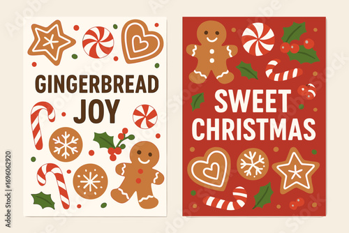 Two vertical A6 banners flat vector design white and red backgrounds gingerbread cookies with icing festive sweets first banner with text Gingerbread Joy second banner with text Sweet.