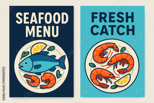 Two vertical A6 banners flat vector design navy and cyan backgrounds seafood plate with shrimp and fish restaurant theme first banner with text Seafood Menu second banner with text Fresh.