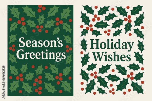 Two vertical A6 banners flat vector design dark green and white backgrounds decorative holly leaves and berries christmas pattern first banner with text Season Greetings second banner with.