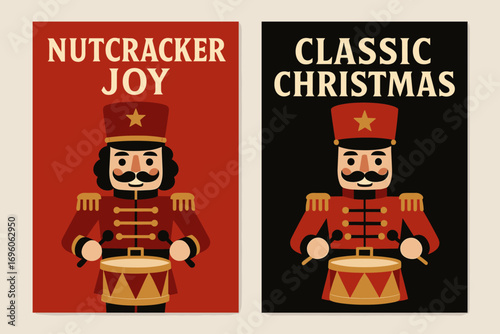 Two vertical A6 banners flat vector design red and black backgrounds nutcracker soldier with drum festive classic style first banner with text Nutcracker Joy second banner with text Classic.