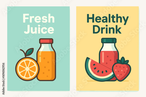 Two vertical A6 banners flat vector design pastel mint and backgrounds fruit juice bottles drink theme first banner with text Fresh Juice second banner with text Healthy Drink text clear.
