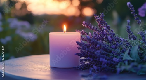 Lavender Candle Lit at Sunset Among Blooming Lavender Flowers in a Tranquil O...