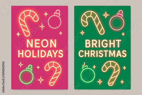 Two vertical A6 banners flat vector design neon pink and green backgrounds glowing candy canes and ornaments festive neon lights first banner with text Neon Holidays second banner with text.