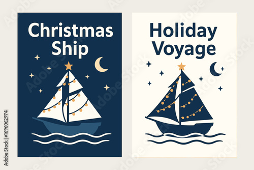 Two vertical A6 banners flat vector design navy and white backgrounds christmas sailing ship with lights holiday on sea first banner with text Christmas Ship second banner with text Holiday.