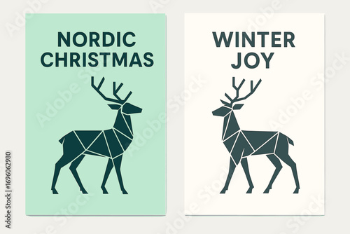 Two vertical A6 banners flat vector design mint and white backgrounds scandinavian geometric deer silhouettes nordic modern vibe first banner with text Nordic Christmas second banner with.
