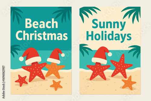 Two vertical A6 banners flat vector design turquoise and cream backgrounds christmas beach with starfish and santa hats tropical theme first banner with text Beach Christmas second banner.