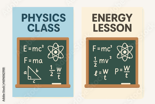 Two vertical A6 banners flat vector design pastel blue and cream backgrounds chalkboard with physics formulas and atom illustration first banner with text Physics Class second banner with.