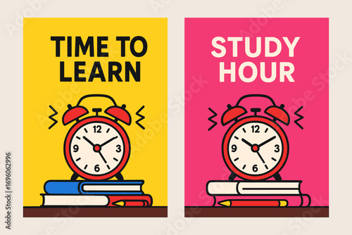 Two vertical A6 banners flat vector design bright and magenta backgrounds alarm clock ringing on desk time to study theme first banner with text Time to Learn second banner with text Study.