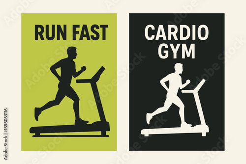 Two vertical A6 banners flat vector design lime and black backgrounds treadmill with runner silhouette gym cardio training first banner with text Run Fast second banner with text Cardio Gym.