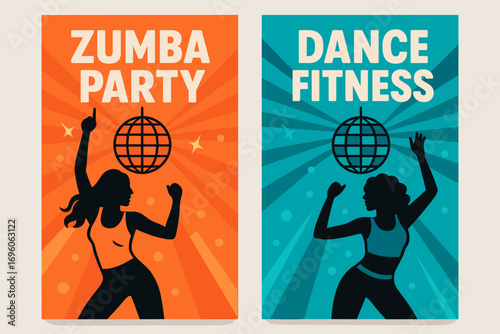 Two vertical A6 banners flat vector design neon orange and cyan backgrounds dance fitness with disco lights zumba party vibe first banner with text Zumba Party second banner with text Dance.