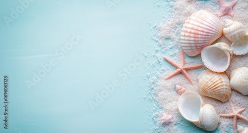 Colorful Seashells and Starfish on Sandy Beach Near Calm Blue Ocean Water.