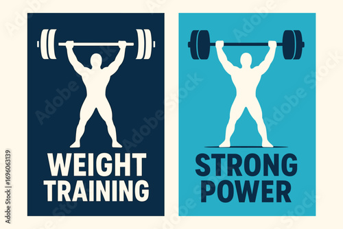 Two vertical A6 banners flat vector design navy and cyan backgrounds heavy barbell with athlete silhouette strength training first banner with text Weight Training second banner with text.