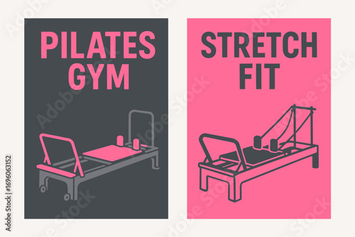 Two vertical A6 banners flat vector design grey and neon pink backgrounds pilates reformer equipment gym wellness first banner with text Pilates Gym second banner with text Stretch Fit text.