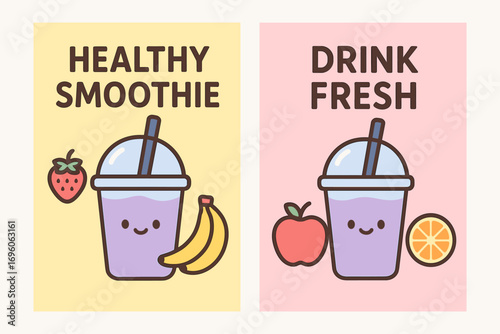 Two vertical A6 banners flat vector design pastel and pink backgrounds kawaii smoothie cup with fruit icons fitness nutrition first banner with text Healthy Smoothie second banner with text.