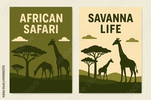 Two vertical A6 banners flat vector design olive green and beige backgrounds savanna with acacia trees and giraffes safari landscape first banner with text African Safari second banner with.