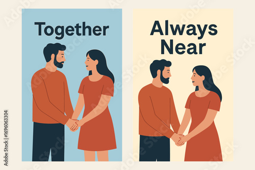 Two vertical A6 banners flat vector design pastel blue and cream backgrounds couple holding hands love theme first banner with text Together second banner with text Always Near text clear.
