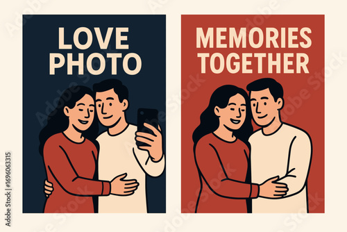 Two vertical A6 banners flat vector design navy and red backgrounds couple taking selfie together modern romance first banner with text Love Photo second banner with text Memories Together.