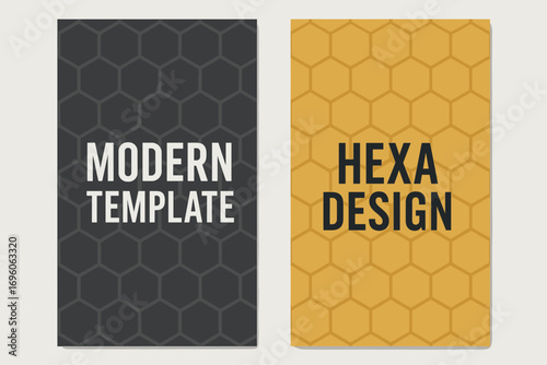 Two vertical A6 banners flat vector design grey and gold backgrounds hexagon honeycomb pattern modern geometric first banner with text Modern Template second banner with text Hexa Design.