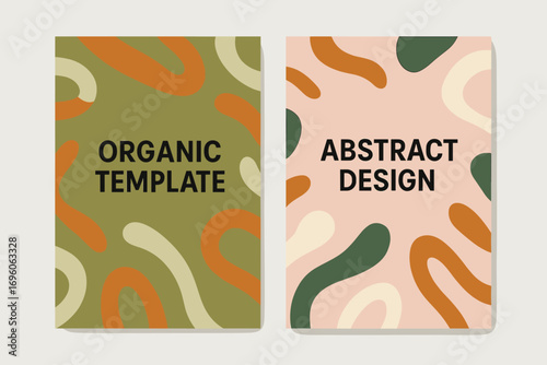 Two vertical A6 banners flat vector design olive and pastel pink backgrounds overlapping organic shapes pattern abstract modern first banner with text Organic Template second banner with.
