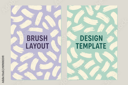 Two vertical A6 banners flat vector design lavender and mint backgrounds abstract brush strokes seamless pattern soft artistic first banner with text Brush Layout second banner with text.