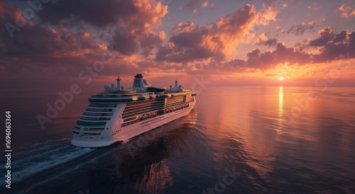 Cruise Ship Sailing Through Calm Waters During a Vibrant Sunset Over the Ocean