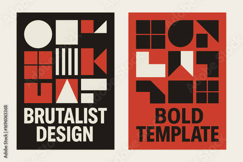 Two vertical A6 banners flat vector design black and red backgrounds brutalist blocks composition strong design style first banner with text Brutalist Design second banner with text Bold.