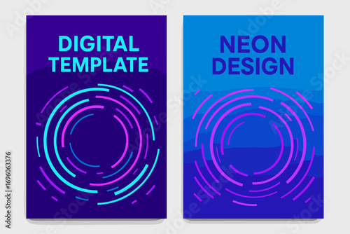 Two vertical A6 banners flat vector design neon purple and cyan backgrounds abstract futuristic rings digital art style first banner with text Digital Template second banner with text Neon.
