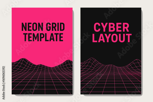 Two vertical A6 banners flat vector design neon pink and black backgrounds cyber wave grid futuristic digital look first banner with text Neon Grid Template second banner with text Cyber.