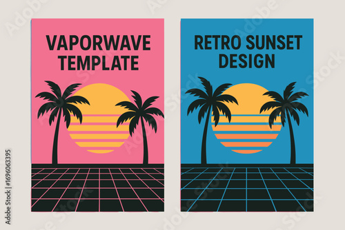 Two vertical A6 banners flat vector design pink and blue backgrounds vaporwave palm trees with grid retro sunset style first banner with text Vaporwave Template second banner with text.