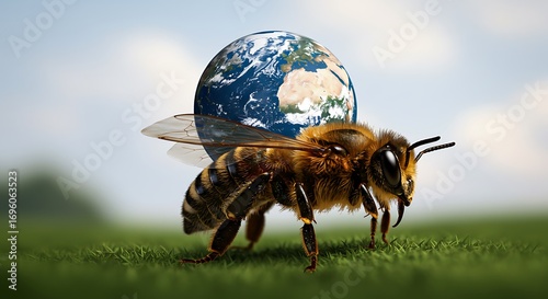 A honey bee carries the fragile planet Earth on its back, a powerful symbol of environmental conservation and the critical role of pollinators