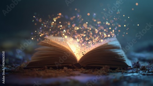 Magical Book Opening With Glowing Particles and Ethereal Light in a Dark Sett...