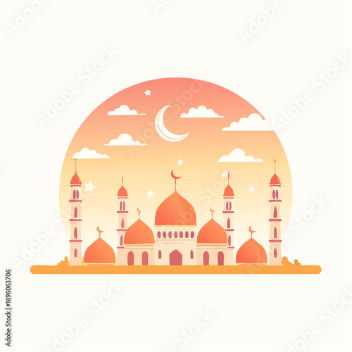 Serene Islamic mosque illuminated by crescent moon and stars during a peaceful twilight, evoking spiritual calm and cultural celebration with warm gradient hues