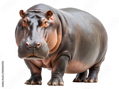 A hippopotamus stands tall, isolated on transparent background, showcasing its massive size and unique features in a captivating wildlife portrait