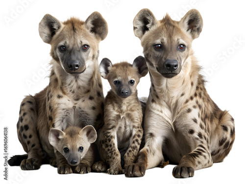 A charming group of spotted hyenas, isolated on transparent background, showcasing their unique markings and playful nature in a delightful family portrait
