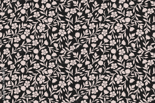 Elegant seamless floral pattern with soft pink flowers and leafy branches on a deep black background. Perfect for fabric, wallpaper, gift wrap, and digital design projects.