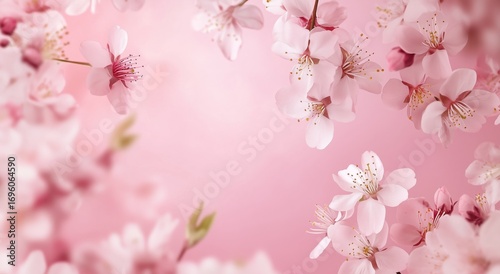Cherry Blossoms Bloom in Springtime Against a Soft Pink Background Creating a...