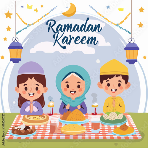 Joyful Muslim family gathers for Iftar feast, celebrating Ramadan Kareem with delicious food and festive lanterns creating warm community spirit