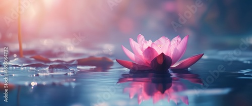 Lotus Flower Blooming on Calm Water Surface in Serene Natural Setting.