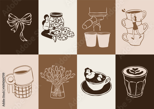 Sketch style coffee and desserts doodle collection. Art for greeting cards, restaurant menu, poster design, postcards, branding, logo design, patterns.