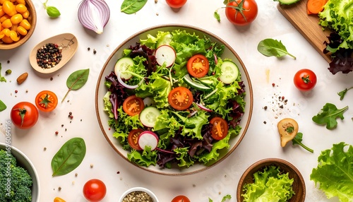 A vibrant overhead shot of a fresh salad in a bowl, surrounded by an array of colorful vegetables and ingredients like tomatoes, cucumbers, radishes, and greens