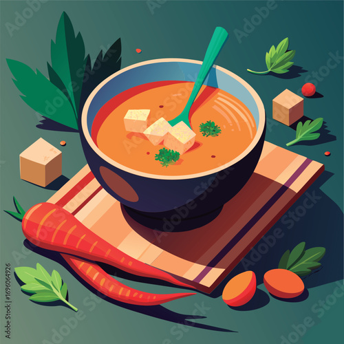 Vector illustration of a Creamy soup with vegetables.