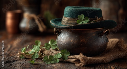 A Green Hat Adorned With Shamrocks Rests Atop a Vintage Pot