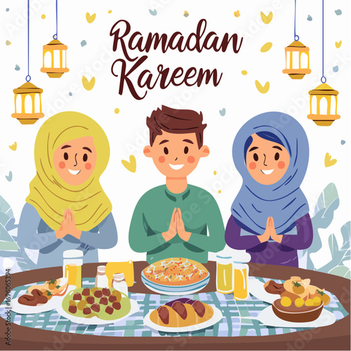 Cartoon illustration of a Muslim family smiling and greeting each other, seated at a table laden with food to break their fast during Ramadan.