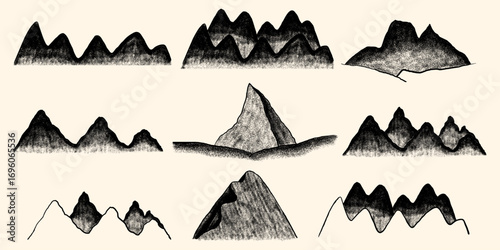 Stipple Grain Mountain Set. Nature Texture Dot Landscape. Vector Illustration Grunge Noise Background 
