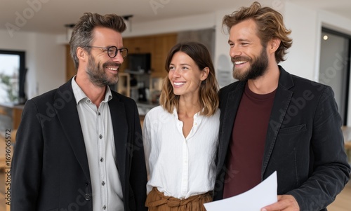 Smiling Colleagues Discussing Project Details in Modern Office Setting