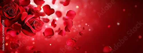 Red Rose Petals Gracefully Float Against a Soft Red Background Creating a Rom...